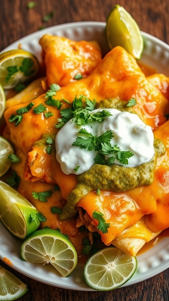 Cheesy chicken enchiladas topped with verde sauce and cilantro, served with lime and sour cream.